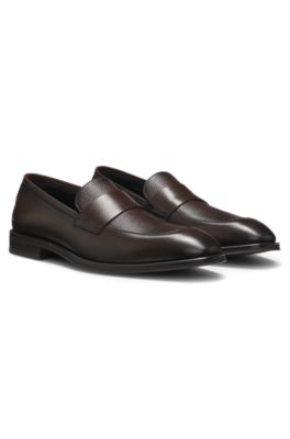 Leather loafers with plain penny trim, Dark Brown