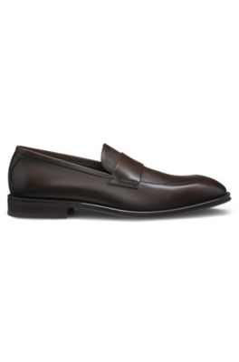 Leather loafers with plain penny trim, Dark Brown