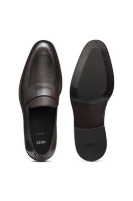 Leather loafers with plain penny trim, Dark Brown