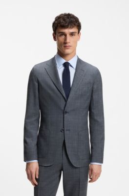 Slim-fit jacket in virgin wool, silk and linen, Dark Blue
