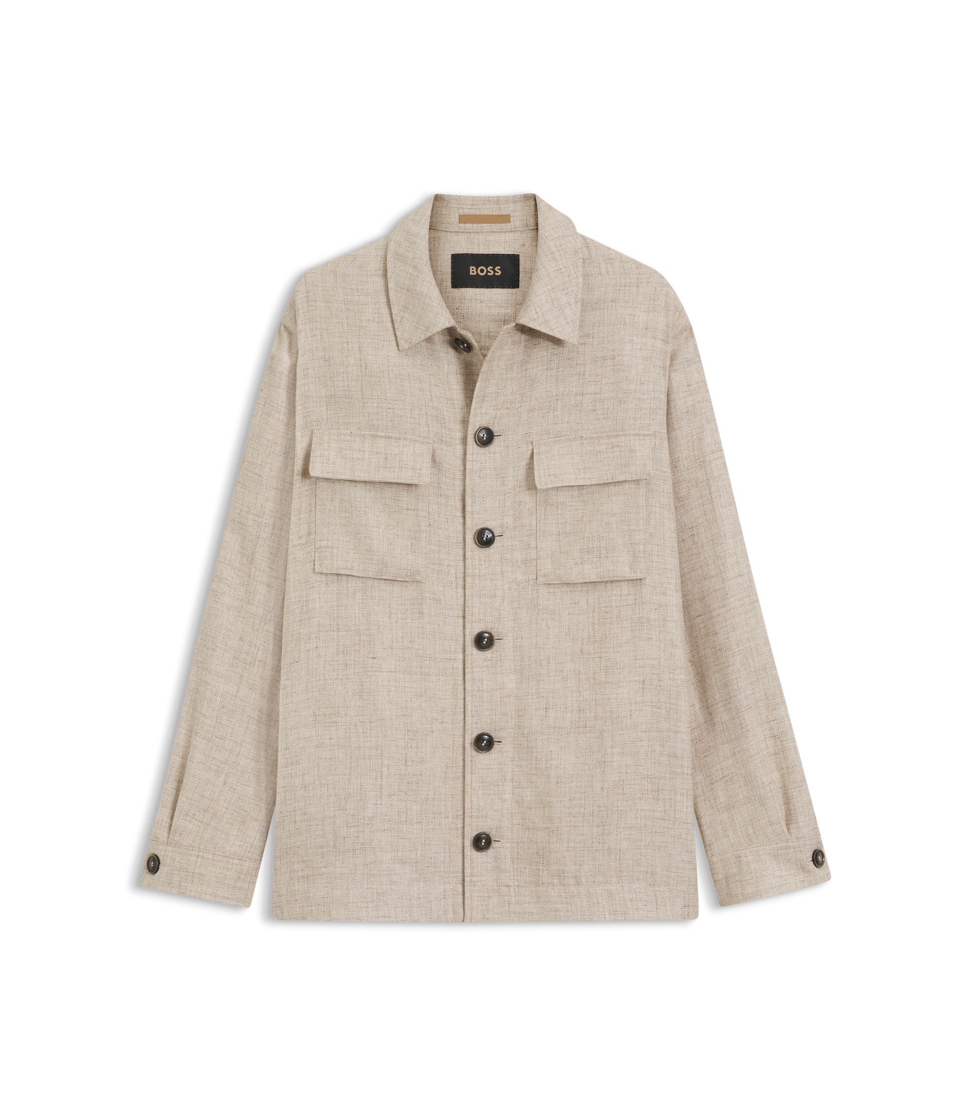BOSS - Regular-fit overshirt in virgin wool, silk and linen - Beige