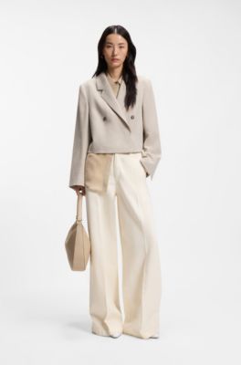 Wide-leg jeans in cream denim with front crease, White