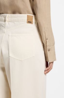 Vaqueros en denim color crema con pernera ancha y raya en la parte delantera, Blanco