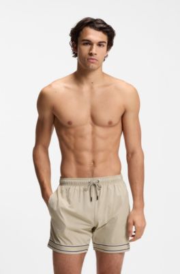Drawstring swim shorts in stretch fabric with tape trim, Light Beige