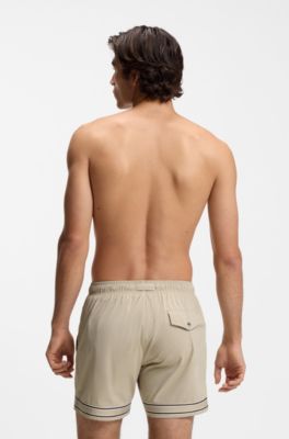 Drawstring swim shorts in stretch fabric with tape trim, Light Beige