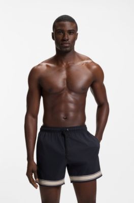 Short de bain en tissu stretch avec garniture en ruban et cordon de serrage, Bleu fonc&eacute;