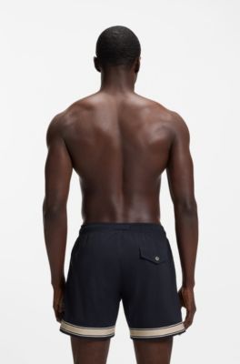 Short de bain en tissu stretch avec garniture en ruban et cordon de serrage, Bleu fonc&eacute;