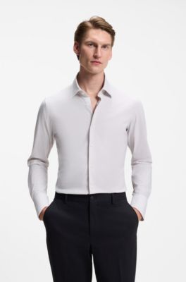 Printed slim-fit shirt in performance-stretch jersey, Light Beige