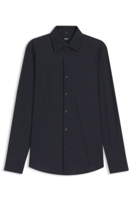 Camisa slim fit en punto t&eacute;cnico el&aacute;stico estampado, Azul oscuro