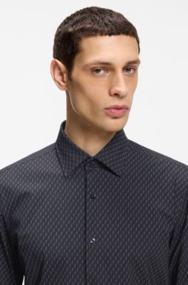 Printed slim-fit shirt in performance-stretch jersey, Dark Blue