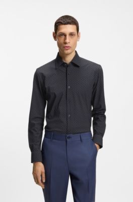Camisa slim fit en punto t&eacute;cnico el&aacute;stico estampado, Azul oscuro