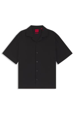 Camisa oversize fit en sirsaca de algod&oacute;n el&aacute;stico, Negro