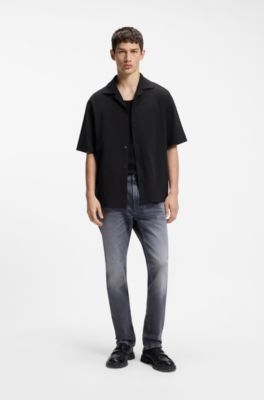 Oversized-fit shirt in stretch-cotton seersucker, Black