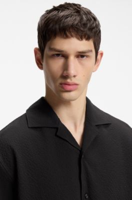 Oversized-fit shirt in stretch-cotton seersucker, Black