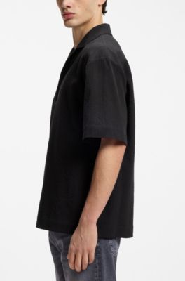 Oversized-fit shirt in stretch-cotton seersucker, Black