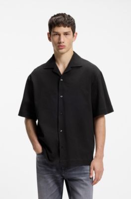 Camisa oversize fit en sirsaca de algod&oacute;n el&aacute;stico, Negro