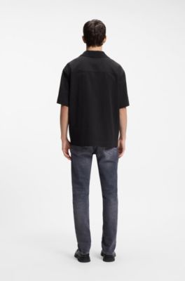 Camisa oversize fit en sirsaca de algod&oacute;n el&aacute;stico, Negro