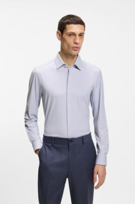 Slim-fit shirt in Italian performance-stretch jersey, Dark Blue