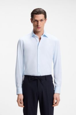 Camisa slim fit en punto el&aacute;stico t&eacute;cnico italiano, Celeste