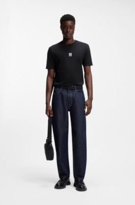 Camiseta de punto de algod&oacute;n con ilustraci&oacute;n de logo bordado, Negro