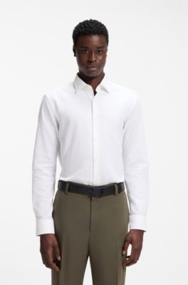 Camisa slim fit en algod&oacute;n de tejido dobby, Blanco