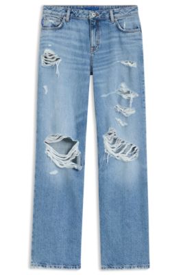 Baggy-fit jeans in blue distressed denim, Blue