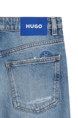 Baggy-fit jeans in blue distressed denim, Blue