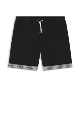 Short de bain en maille filet avec ruban logot&eacute; en jacquard, Noir