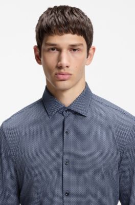 Printed slim-fit shirt in stretch jersey, Dark Blue