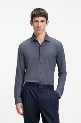 Printed slim-fit shirt in stretch jersey, Dark Blue