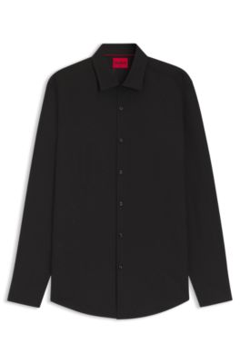 Camisa slim fit de jacquard de algod&oacute;n y lino, Negro