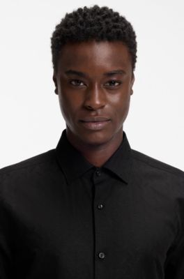 Camisa slim fit de jacquard de algod&oacute;n y lino, Negro