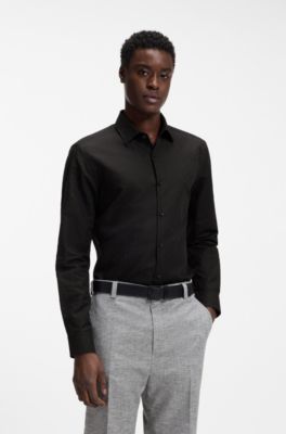 Slim-fit shirt in cotton-linen jacquard, Black