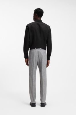 Slim-fit shirt in cotton-linen jacquard, Black