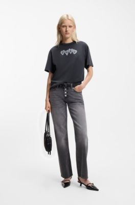 Camiseta de punto de algod&oacute;n con logo de coraz&oacute;n, Negro