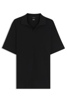 Jacquard-pattern polo shirt with Johnny collar, Black