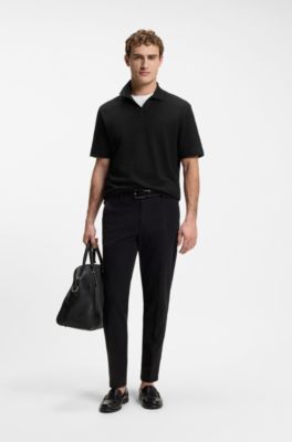 Jacquard-pattern polo shirt with Johnny collar, Black