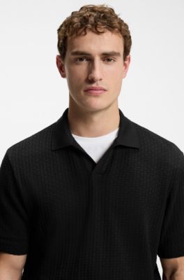 Jacquard-pattern polo shirt with Johnny collar, Black