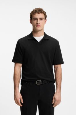 Jacquard-pattern polo shirt with Johnny collar, Black