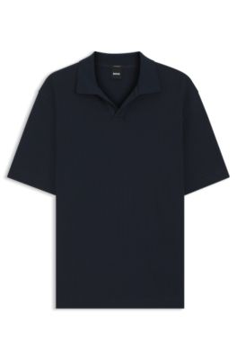 Jacquard-pattern polo shirt with Johnny collar, Dark Blue