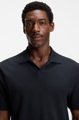Jacquard-pattern polo shirt with Johnny collar, Dark Blue