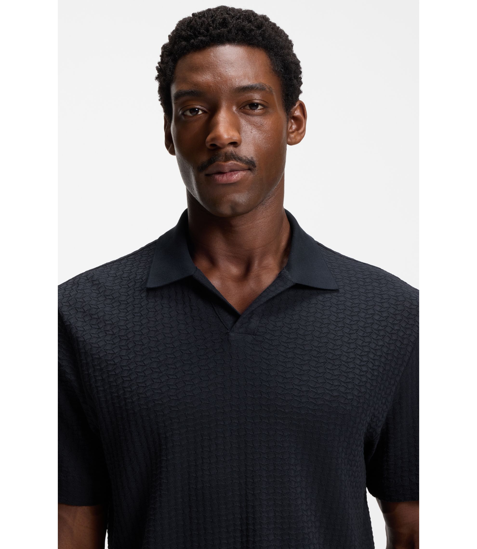 BOSS - Jacquard-pattern polo shirt with Johnny collar - Dark Blue