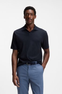 Jacquard-pattern polo shirt with Johnny collar, Dark Blue