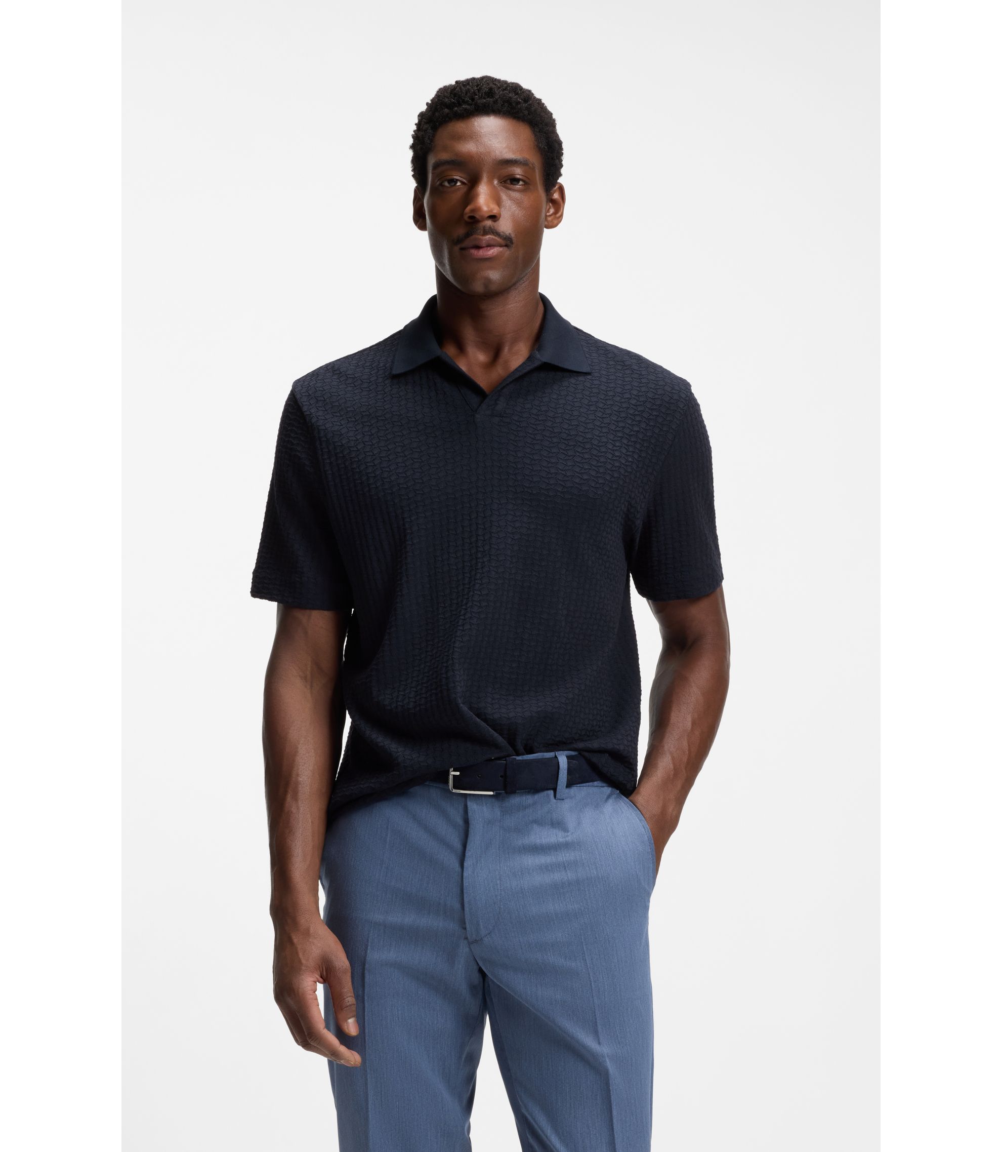 BOSS - Jacquard-pattern polo shirt with Johnny collar - Dark Blue