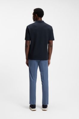 Jacquard-pattern polo shirt with Johnny collar, Dark Blue