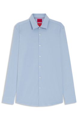 Camisa slim fit en punto de algod&oacute;n jaspeado, Celeste