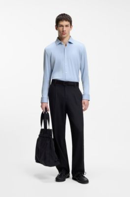 Melange slim-fit shirt in cotton-blend jersey, Light Blue