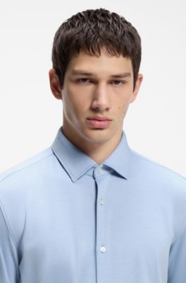 Camisa slim fit en punto de algod&oacute;n jaspeado, Celeste