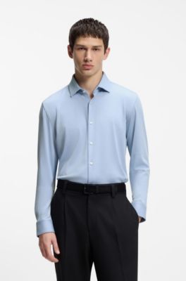Camisa slim fit en punto de algod&oacute;n jaspeado, Celeste