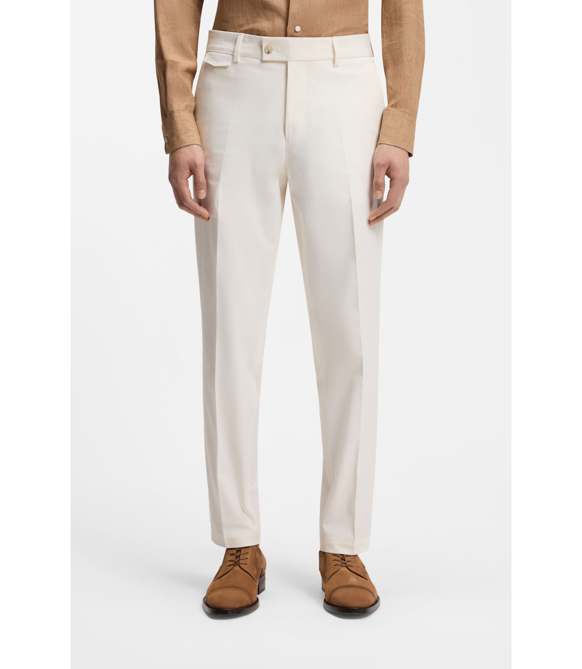 BOSS - Easy-iron tapered-fit trousers in stretch-cotton poplin - White